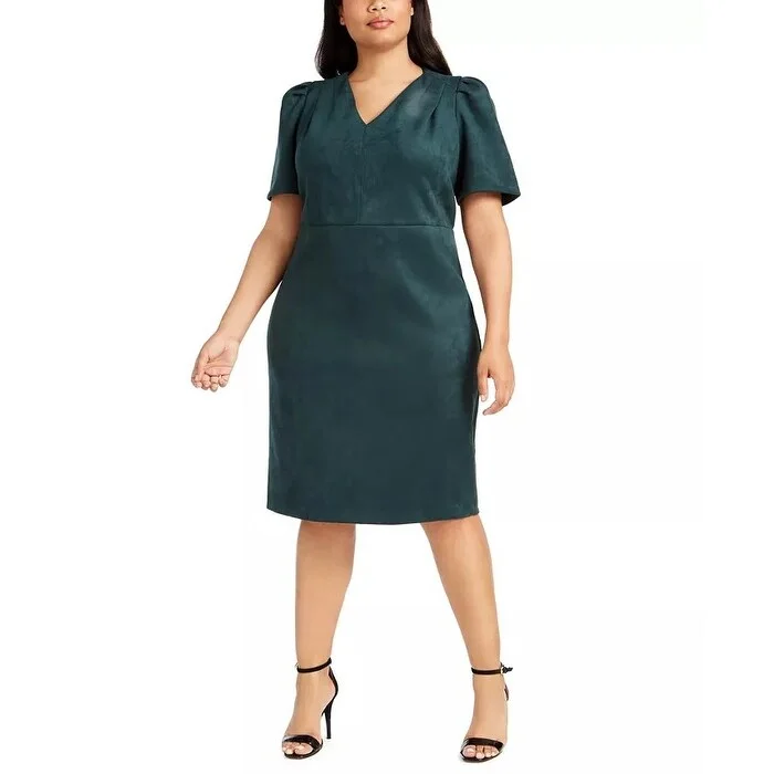 High-end Design Calvin Klein Women's Plus Size Puff-Sleeve Faux-Suede Dress Green Size 20