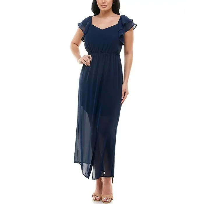 Fresh And Fashionable Monteau Women's Petite Flutter-Sleeve Maxi Dress Navy Size X-Large - XL