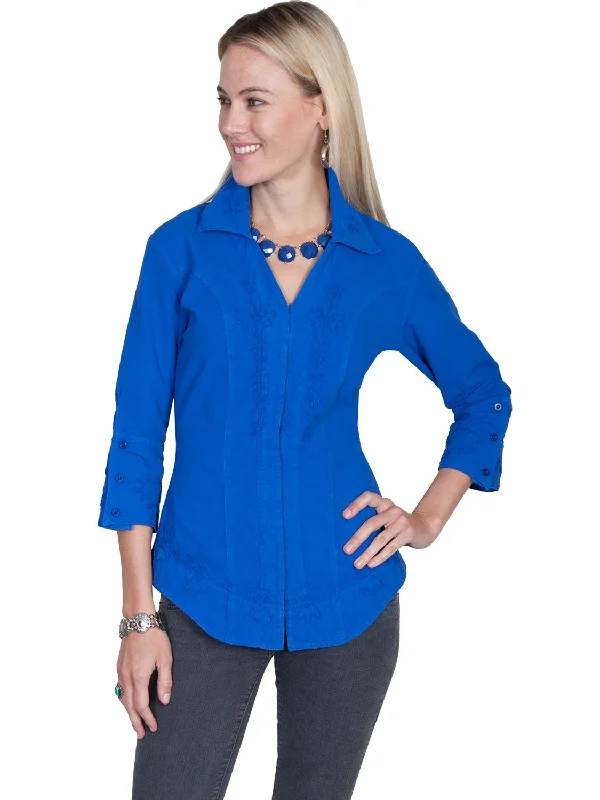 Scully Cantina Womens Dazzling Blue 100% Cotton 3/4S Peek A Boo Blouse