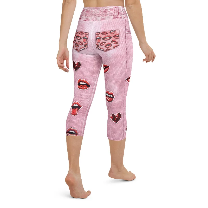 Valentine Lips Denim Print Yoga Capris