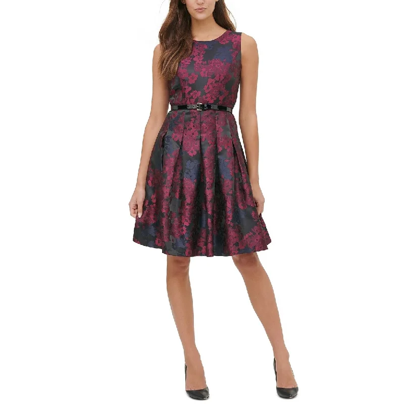 Fashion Selection Tommy Hilfiger Women's Petite Belted Jacquard Fit & Flare Dress Wine Size 6