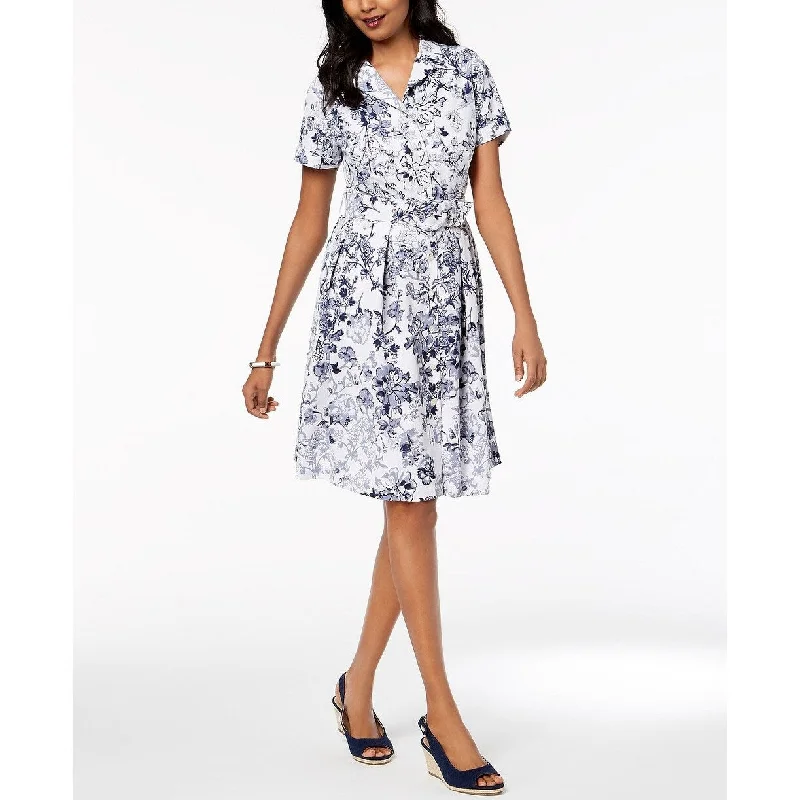 End Of The Year Charter Club Women's Belted Short-Sleeve Shirtdress Intrepid Blue Combo Size 16