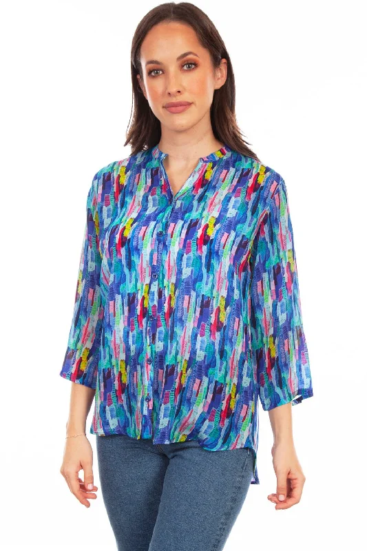 Scully Womens Blue Multi Rayon Dazzling S/S Blouse