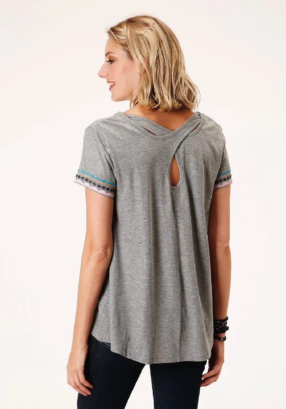 Roper Womens Grey 100% Cotton Geometric Embroidery S/S T-Shirt