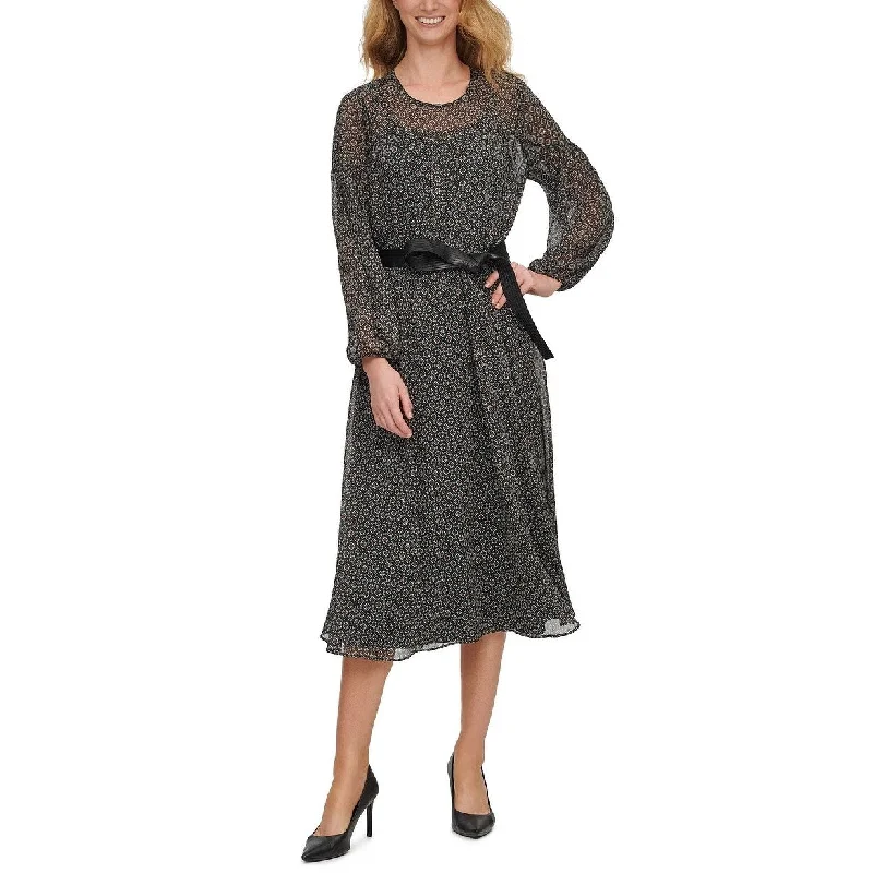 Fashionable Prints Calvin Klein Women's Printed Midi Dress With Faux-Leather Belt Blue Size 10