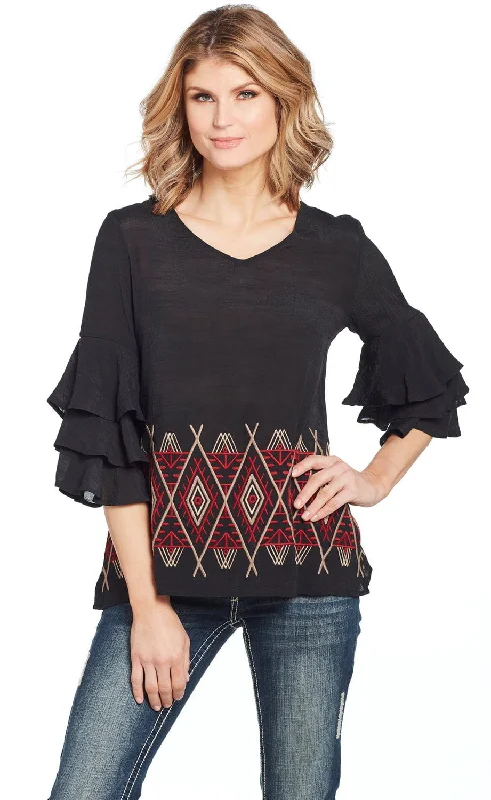 Boutique Recommendation Cowgirl Up Womens Black/Red Rayon Geometric Ruffle Blouse S/S