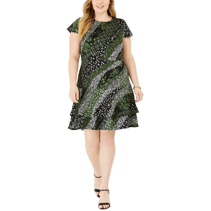 Fashion Innovation Michael Kors Women's Plus Mixed Print Tiered Hem Dress Green Size 3 Extra Large
