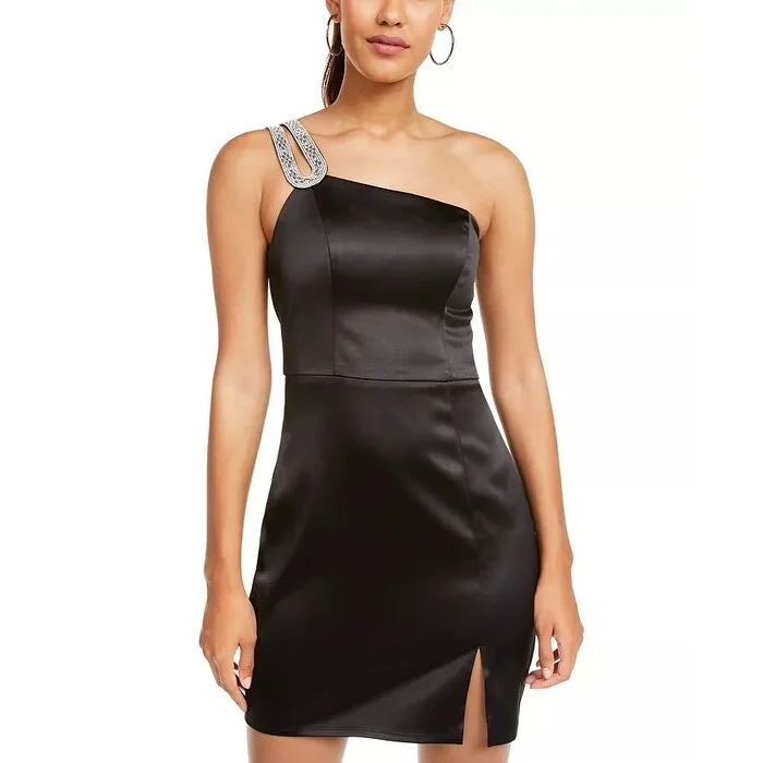 Cute Design Sequin Hearts Junior's Embellished One Shoulder Satin Dress Black Size 5