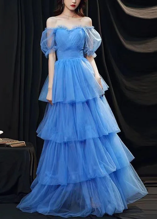 Classy Blue Ruffled Layered Patchwork Tulle Party Dresses Summer