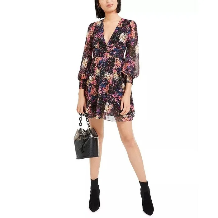 Exquisite Design Bar III Women's Confetti Printed Blouson-Sleeve Dress Black Size Small