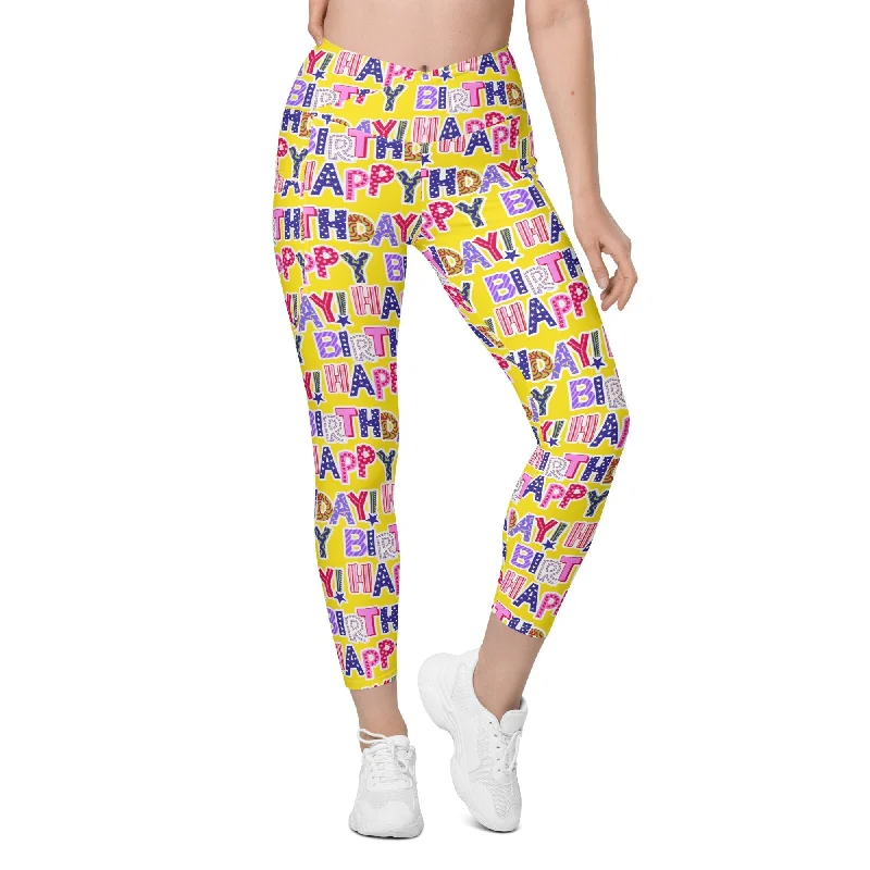 Colorful Birthday Crossover Leggings With Pockets