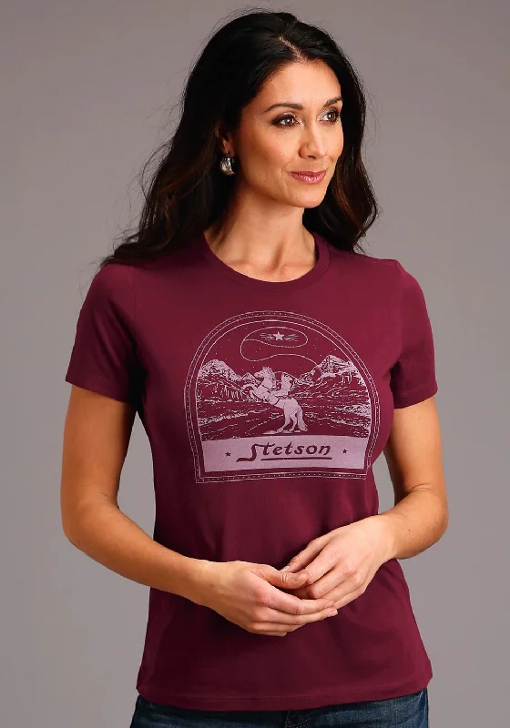 Stetson Womens Maroon 100% Cotton Cowboy Lasso S/S T-Shirt