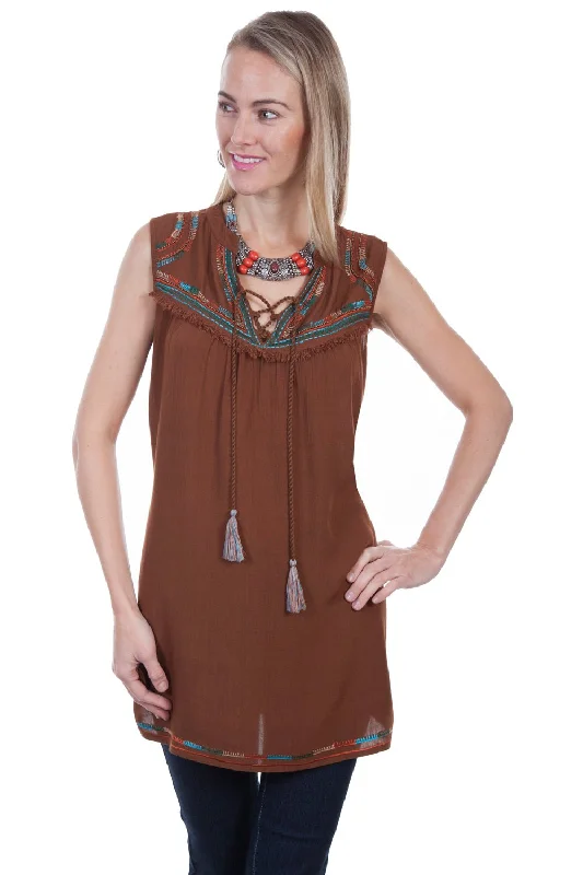 Scully Womens Cinnamon Viscose Embroidered S/L Tunic