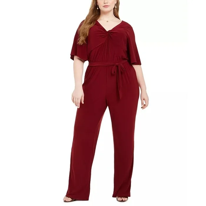 Refreshing Design NY Collection Women's Plus Twist Neck Jumpsuit Wine Size 1X