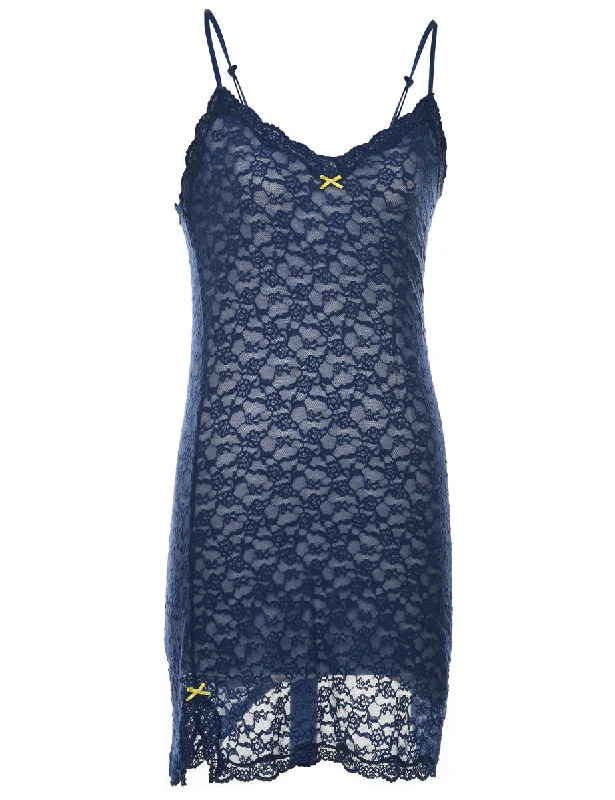 Trendy Layers Navy Sheer Lace Slip Dress - S