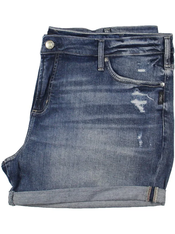 Plus Womens Mid-Rise Distressed Denim Shorts